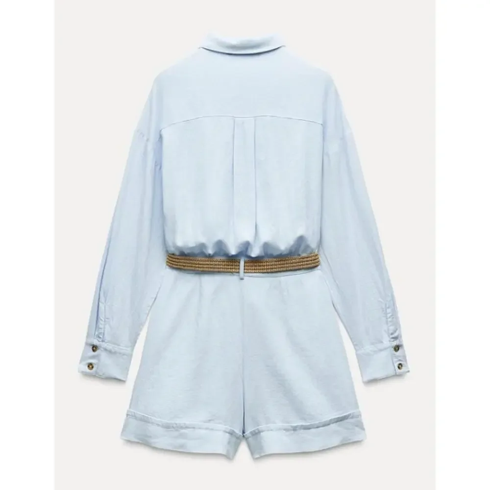 Zara Linen Blend Light Blue Belted Button Up Jumpsuit Shorts Romper Size Large